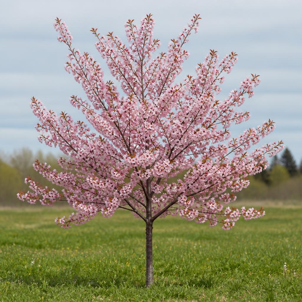 Young Canadian cherry blossom tree, about 2 years old, centered in a spring meadow