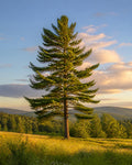 A tall Canadian white pine tree standing in a sunlit meadow